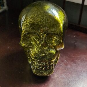 Artistic Glass Skull Decor Marbled Greenish Gold With Led Lights Inside